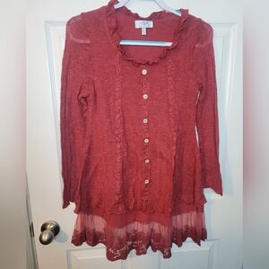 Oso Casuals XS Top Blouse Boho Lace Long Line Red